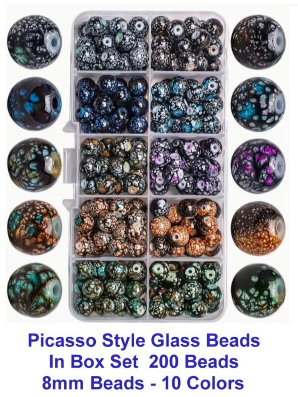 Picasso Style Glass Beads In Box Set  200 Beads  10 Colors